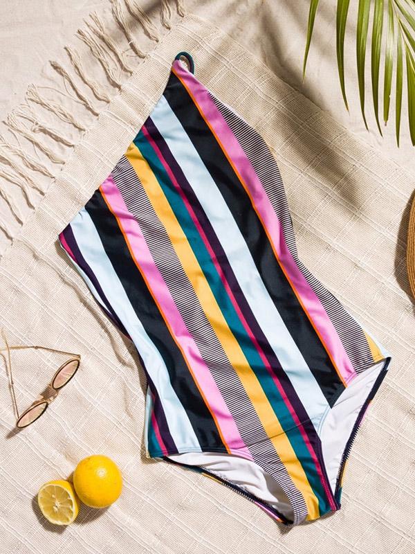 Asymmetric Striped One-piece Swimwear