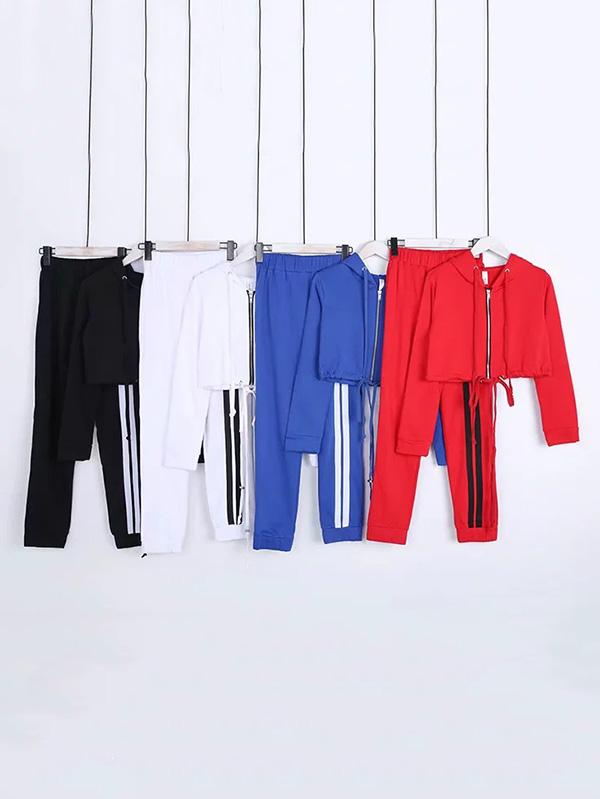 Zipper Hooded Sweatershirts And Striped Track Pants Suits