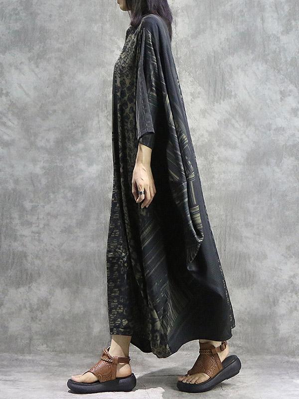 Vintage Split-joint Loose Silk Printed Maxi Dress