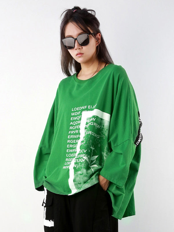 Casual Long Sleeves Loose Letter Print Round-Neck T-Shirts Tops