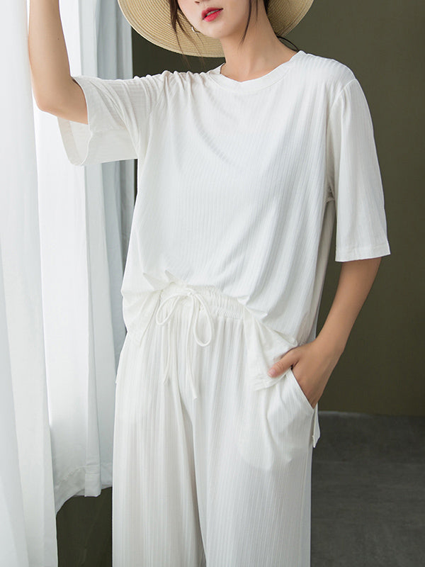 Casual Loose Solid Color Round-Neck Half Sleeves T-Shirt&Drawstring Pleated Wide Legs Pants 2 Pieces Set