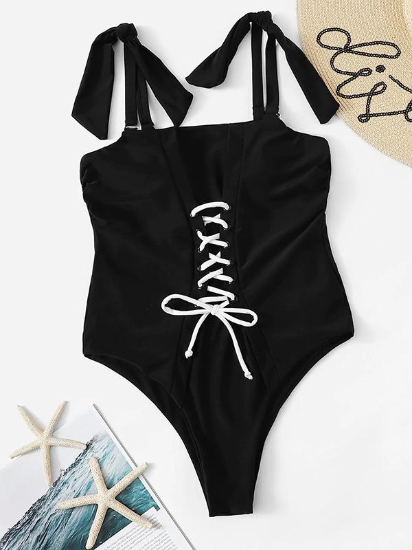 Lace-up Black One-piece Swimwear