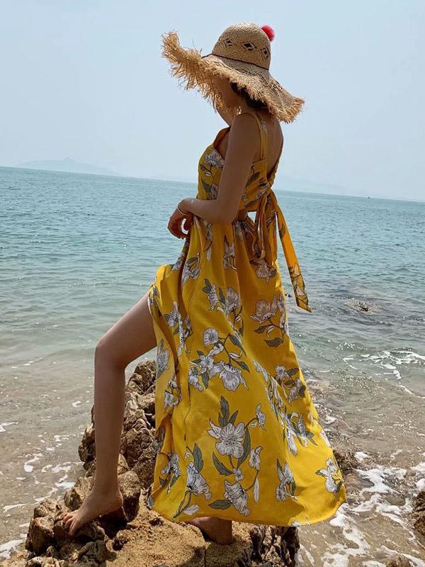 Printed Backless Split-front Sleeveless Maxi Dress