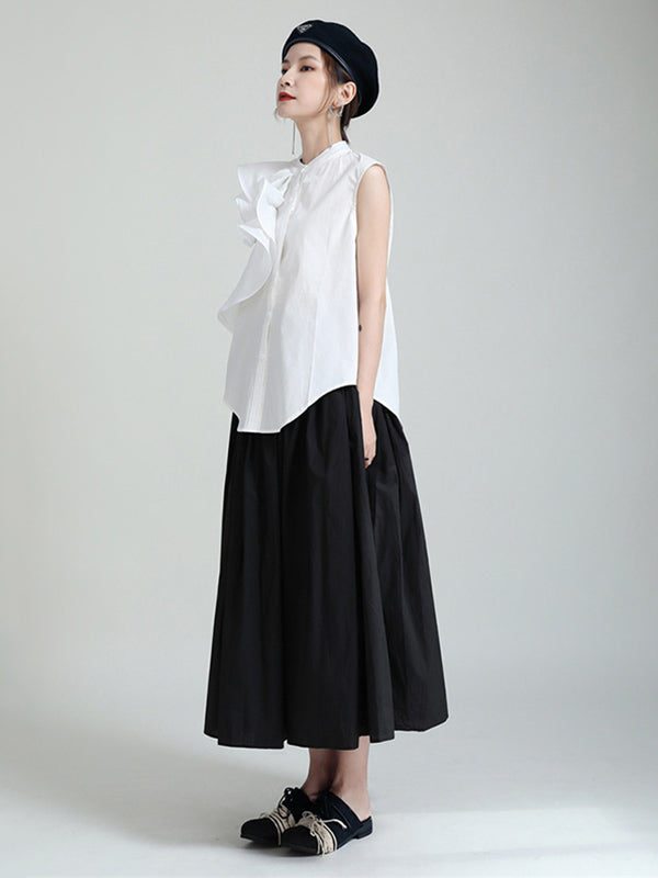 Urban Solid Color Split-Joint Mesh Pleated A-Line Skirt