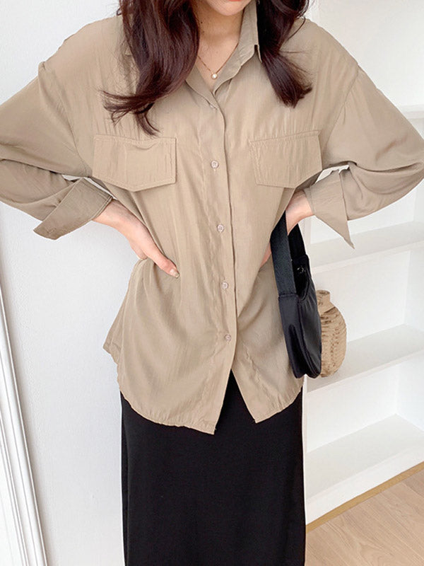 Simple Solid Color Buttoned Lapel Sun Protection Long Sleeves Blouse Tops