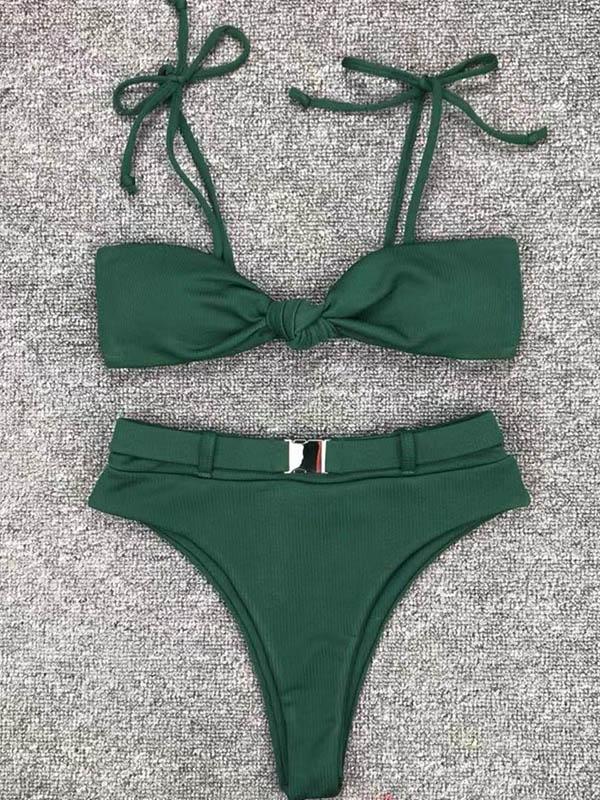 Lace Up Plain High Waisted Bikini Swimsuit