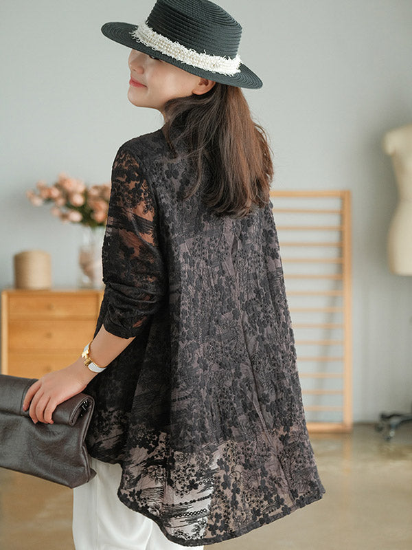 Artistic Retro Solid Color Lace Embroidered Buttoned Lapel Collar Blouse