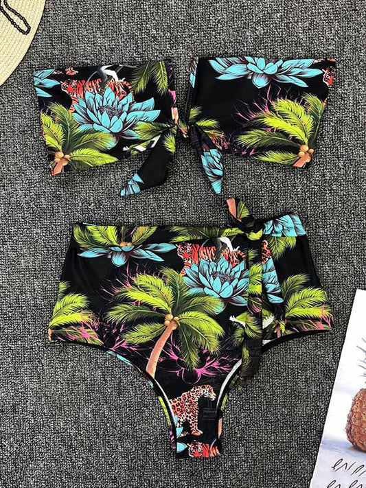 Sexy V-Neck Knotted Printing Split Type Bikini Swimsuit