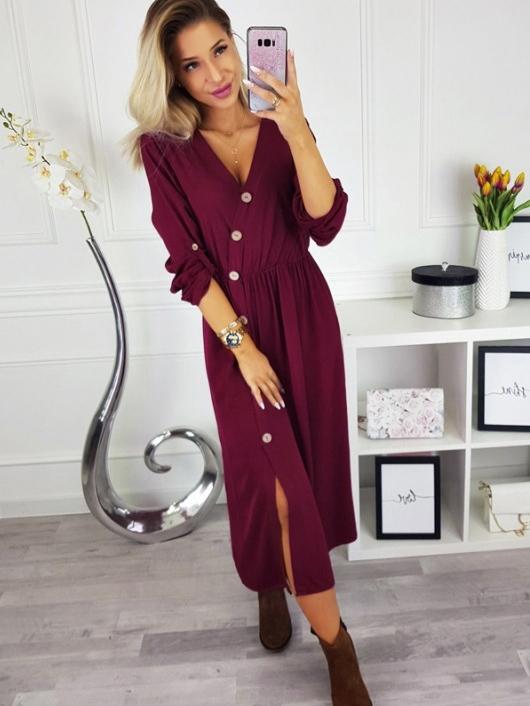 Solid Sexy Button Up Midi Dress