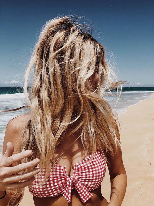 Plunge Neck Plaid Top With High Cut Bikini Set