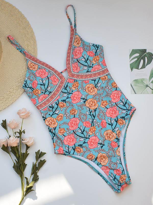 Sexy Spaghetti-Neck V-Neck Printing One-Piece  Swimwear