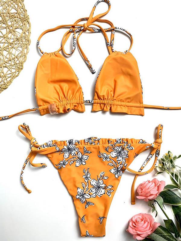 Floral-Print Bandage Ruffled Split Bikini Swimsuit