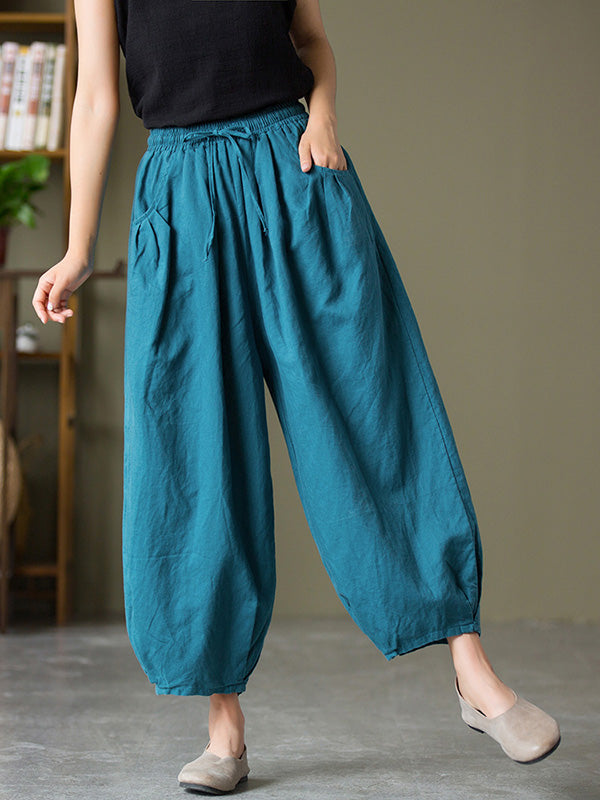 Simple Casual Loose Linen Solid Color Pleated Drawstring Knickerbockers