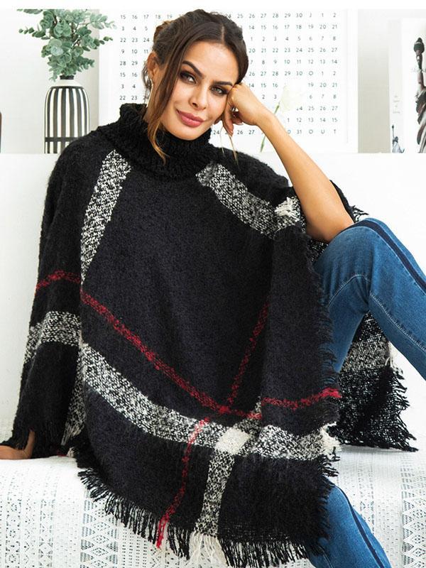 High-neck Batwing Sleeves Tassels Sweater Tops