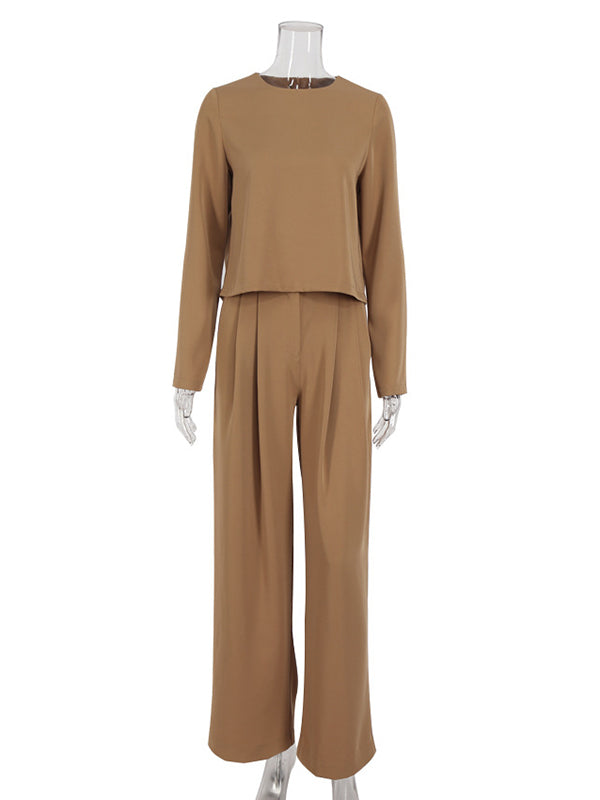 Casual Solid Color Round-Neck Long Sleeves T-Shirt+Wide Leg Pants 2 Pieces Set