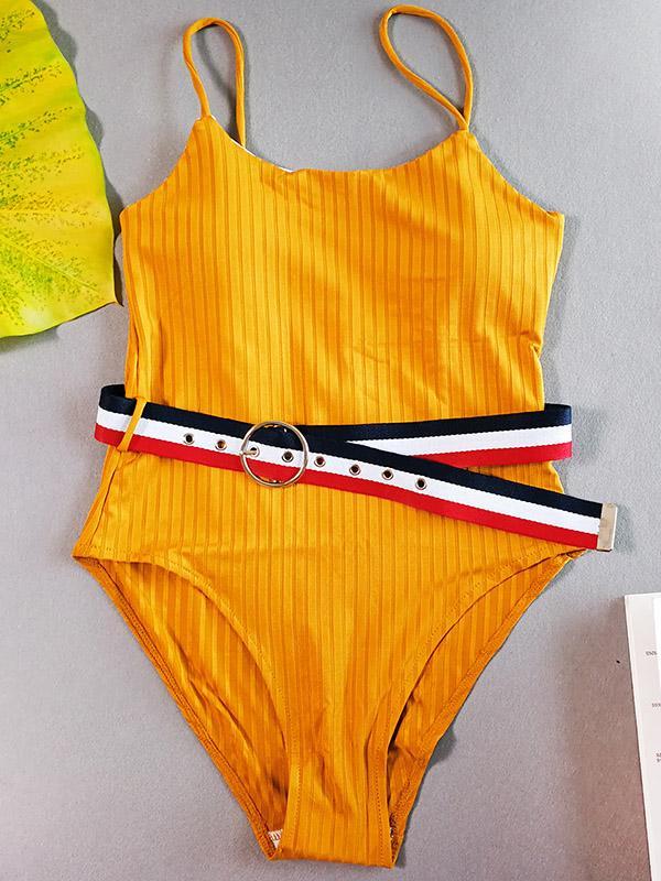 Plain Striped Belt One-piece Swimwear