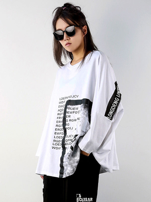 Casual Long Sleeves Loose Letter Print Round-Neck T-Shirts Tops