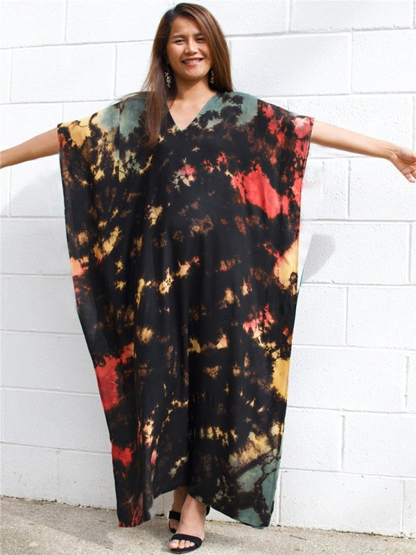 Bohemia Oversized Multicolor Printed Batwing Sleeves Cover-Up