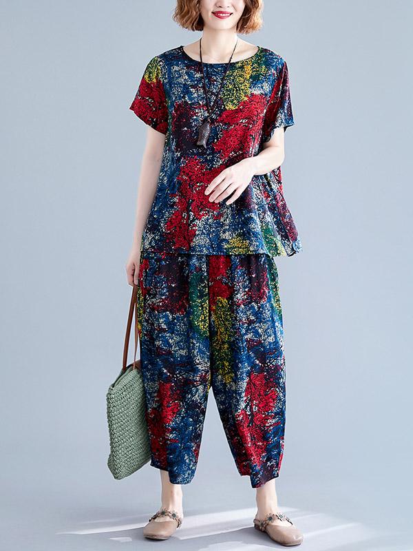 Loose Printed T-Shirt + Harem Pants Suit