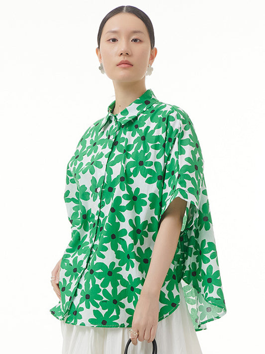 Simple Loose Floral Printed Split-Joint Blouse