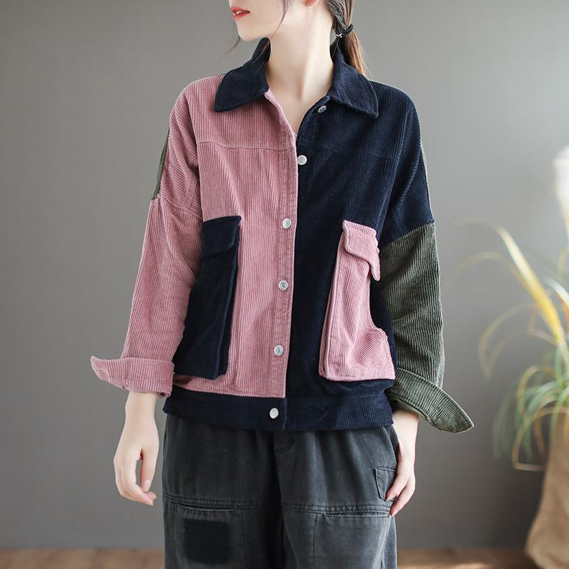 Buykud Turn-down Collar Contrast Color Retro Corduroy Coat