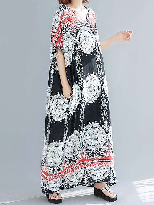 Loose Plus Size National Printed Maxi Dresses