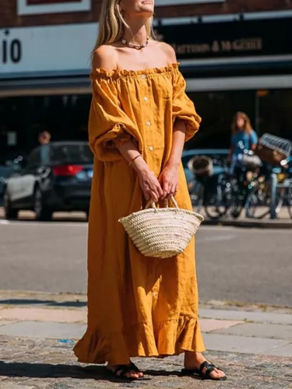 Off-the-shoulder Puff-sleeves Maxi Dress