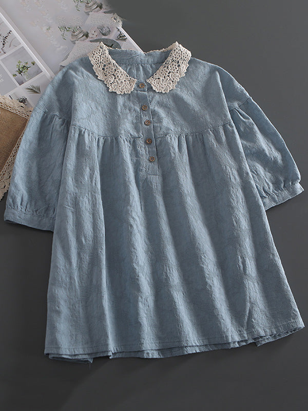 Casual Lace Ramie Cotton Embroidered Split-Joint Round Neck T-Shirt