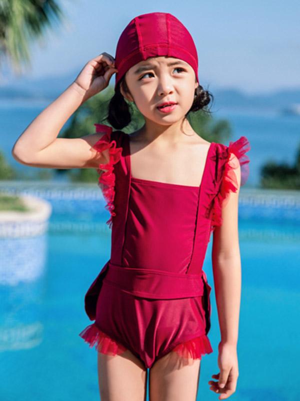 AONIHUA Solid Burgundy Bowknot Girl One Piece