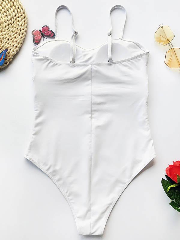 Solid Color Belted One-Piece Swimwear