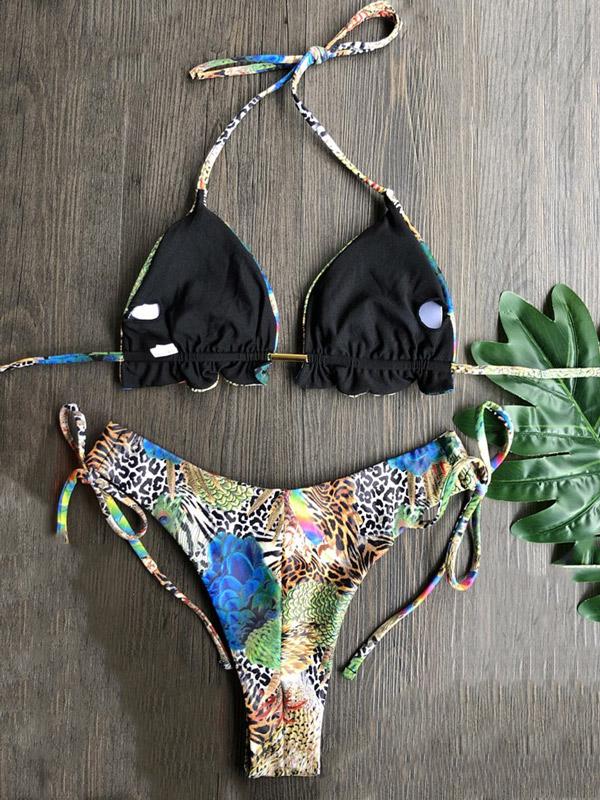 Retro Printed Bandage Split Bikini Swimsuit