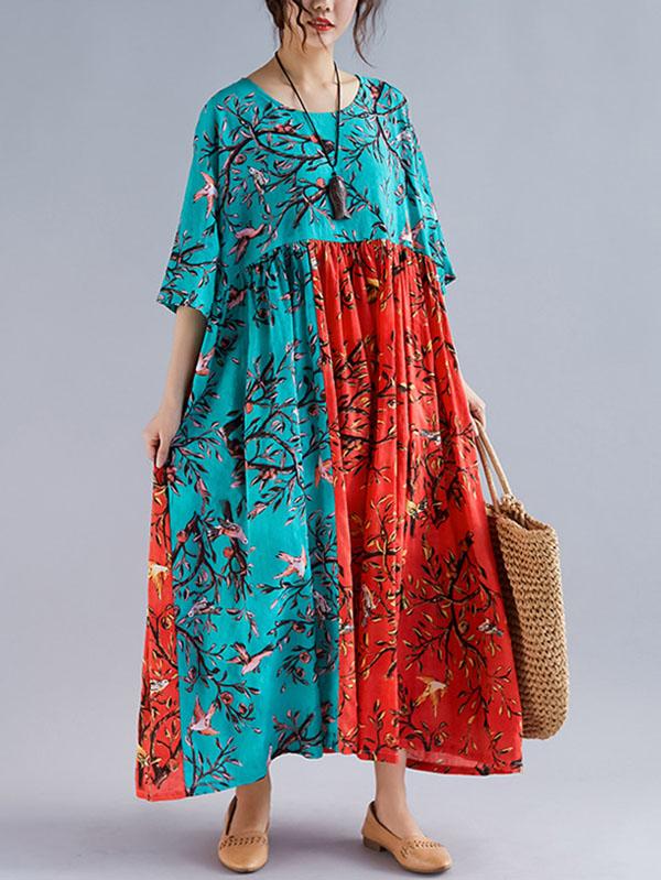 Plus Size Flower Print Split-joint Round-neck Long Dress