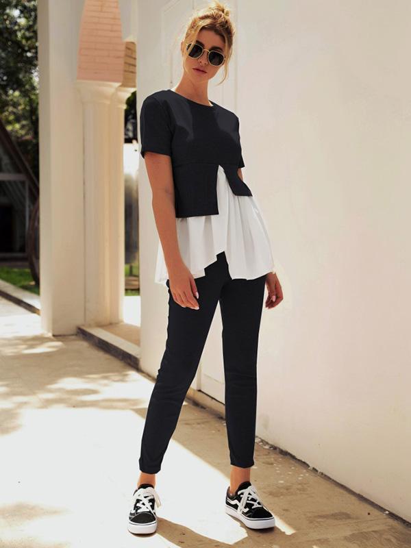 Falbala Split-joint Cropped Tee&Pants Sports Suits