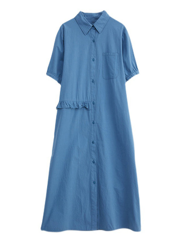 Original Artistic Retro Loose Solid Color Falbala Split-Joint Midi Shirt Dress