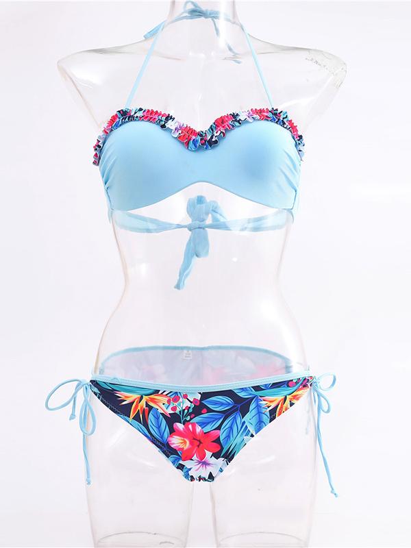 Ruffled Floral-Print Bandage Split Bikini Swimsuit