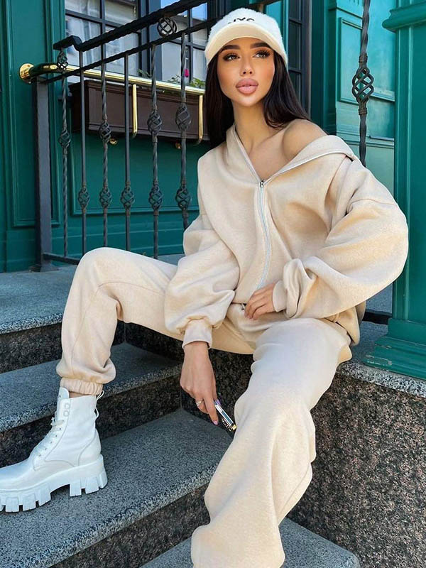 Loose Solid Color Sweatshirt&Pants Suits