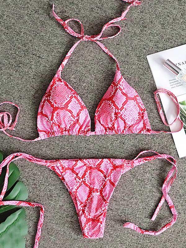 Snake-Print Triangles Bandage  Backless Split Bikini Swimsuit