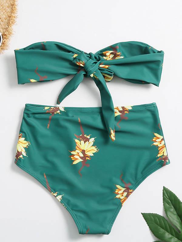 Floral-Print Bandeau Split Bikini Swimsuit