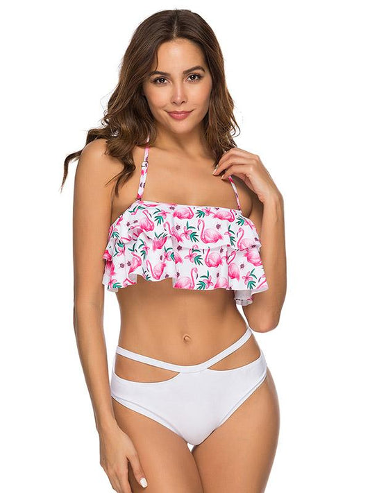 Flamingo Ruffled Top With Solid High Cut Bikini Set