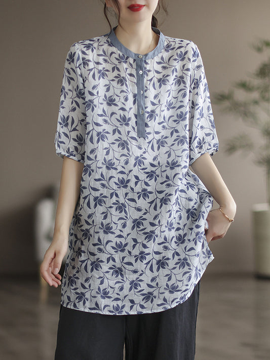 Simple Half Sleeves Ramie Floral Printed Thin T-Shirt