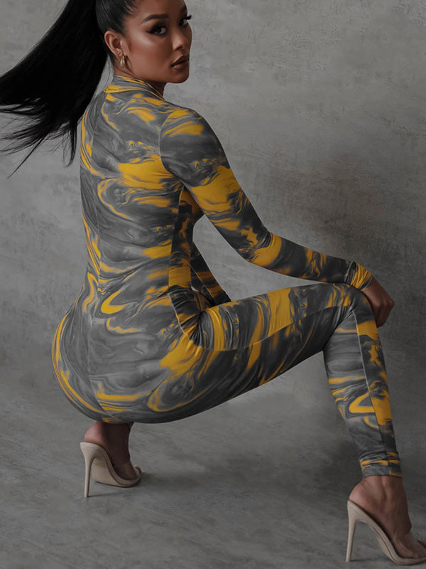 Printed Zipper Long Sleeves Jumpsuits