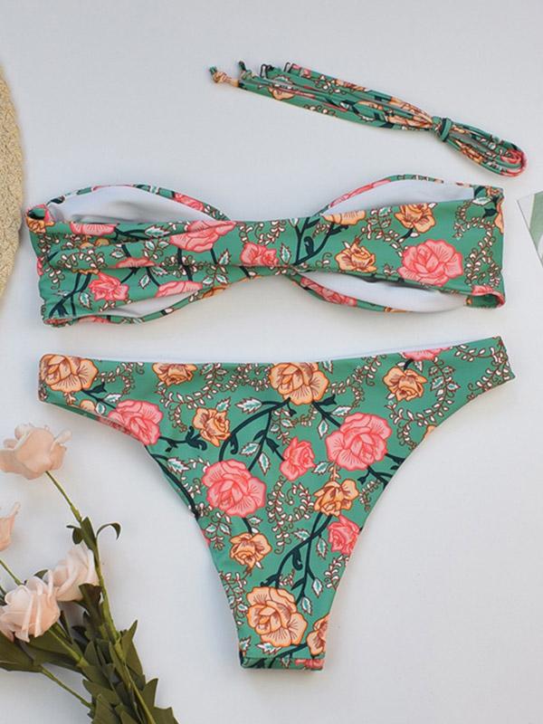 Sexy Spaghetti-Neck Knotted Printing Split Type Bikini Swimsuit