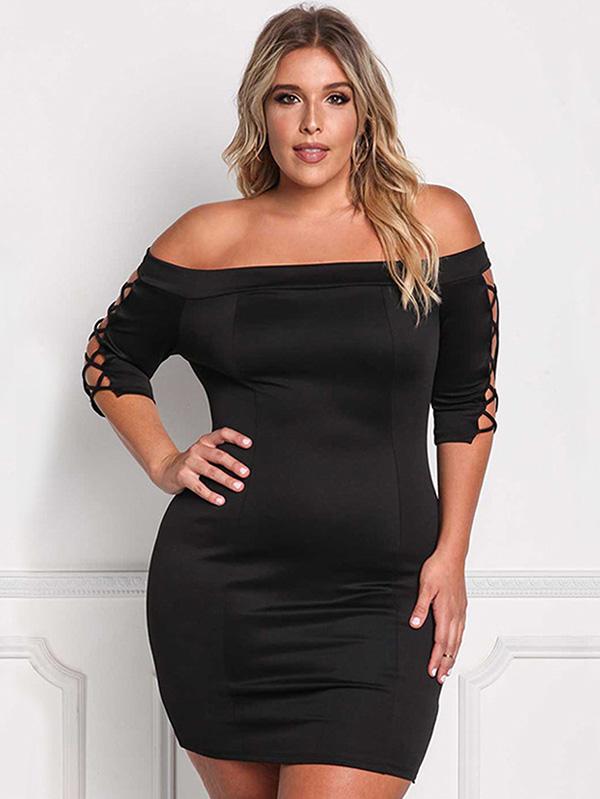 Plus Size Hollow Sleeve Off Shoulder Mini Dress