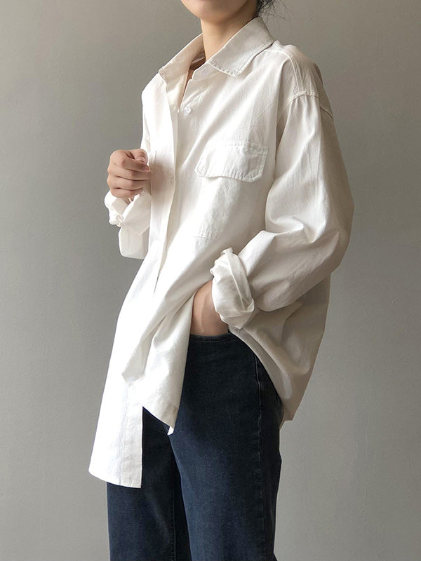 Causal Simple Solid Color Split-Joint With Pocket Buttoned Lapel Collar Long Sleeves Blouse