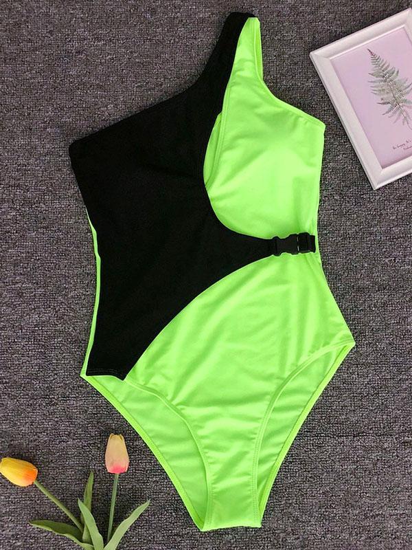 Contrast Color One-shoulder One-piece Swimsuit