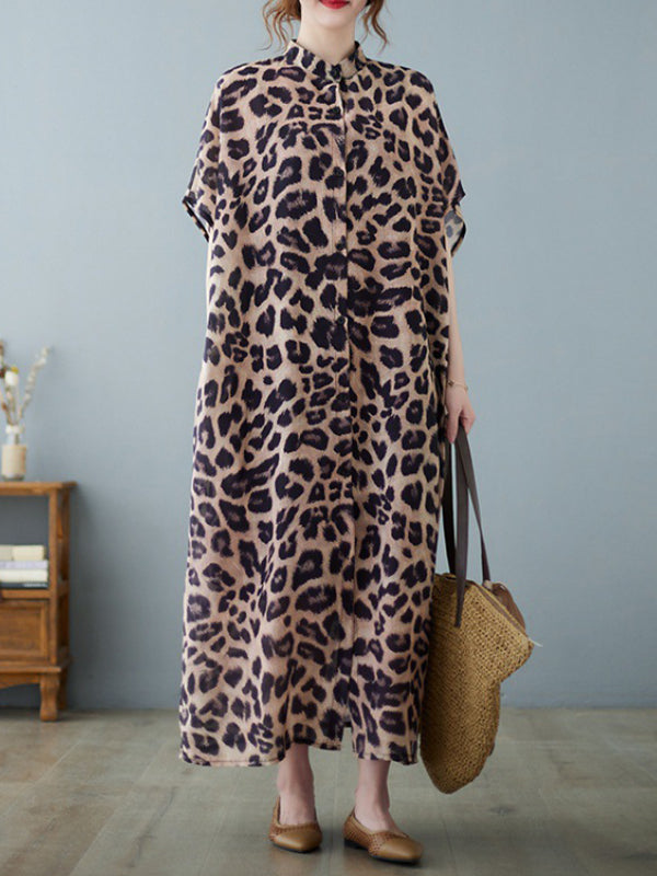 Original Loose Ramie Cotton Leopard Printed Buttoned Stand Collar Midi Shirt Dress