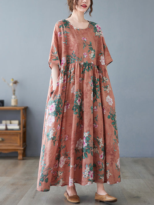 Artistic Retro Loose Original Floral Printed Pleated Midi Dress