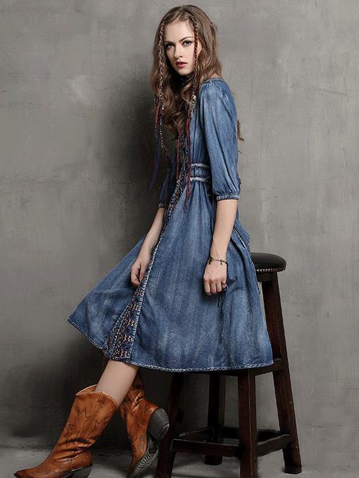 Vintage Oversize Embroidery Denim Dress