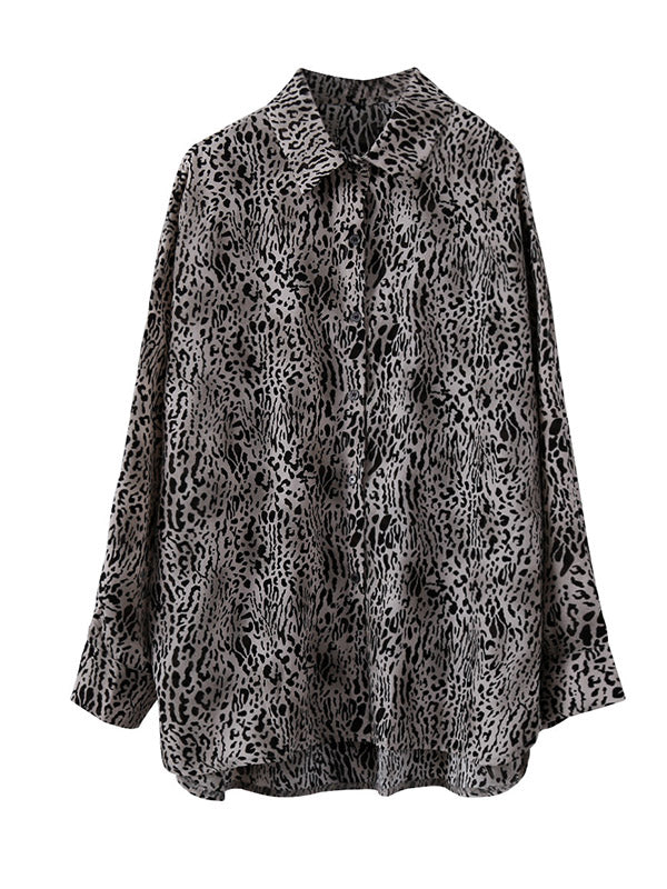 Stylish Leopard Buttoned Lapel High-Low Long Sleeves Blouse Tops