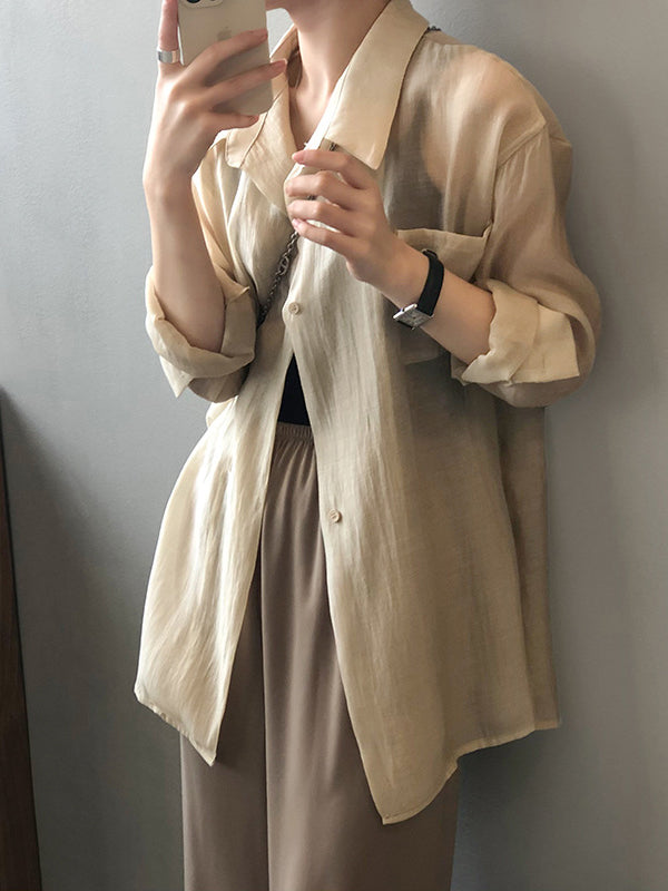 Simple Loose Long Sleeves Solid Color Thin Blouse